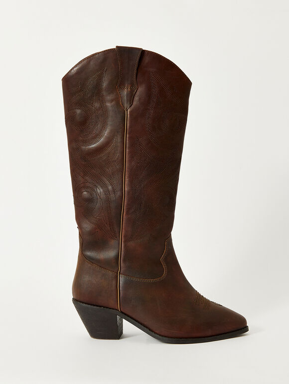 Brown Cowboy Leather Boots, Brown, large