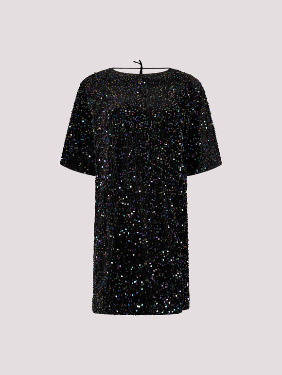 Velvet Sequin V-Back Mini Dress, Black, large