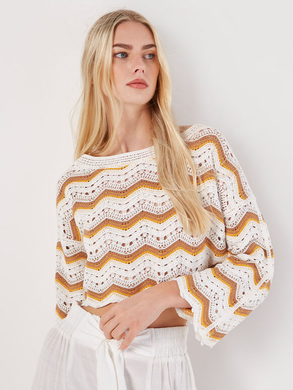 Crochet Waves Cropped Top, White, large