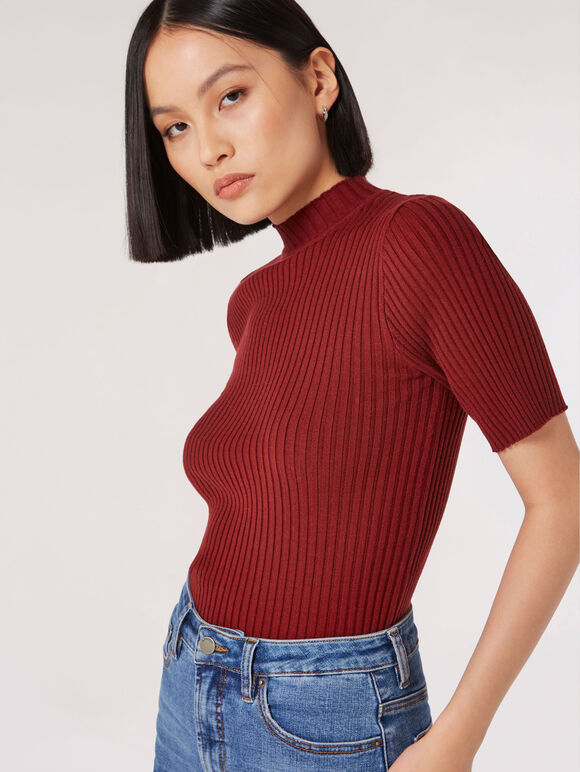 Ribbed Knit Top, Burgundy, large