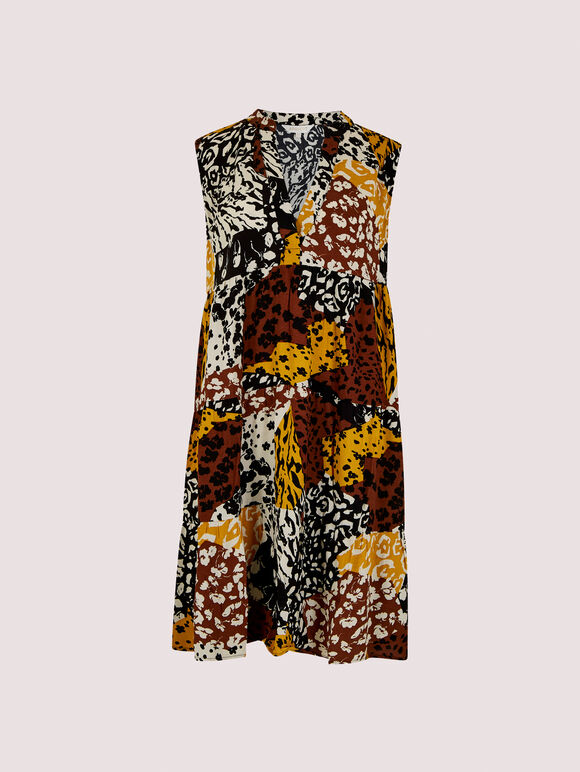 Animal Patchwork Mini Dress, Mustard, large