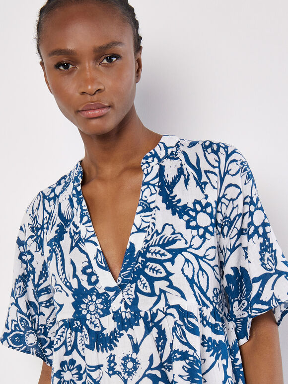 Floral Cotton Mini Dress, Blue, large