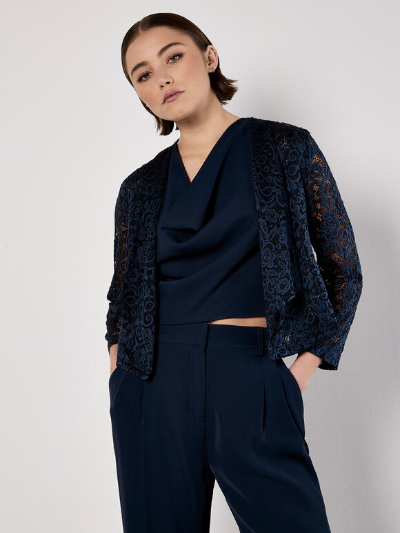 Floral Lace Blazer, Navy, large