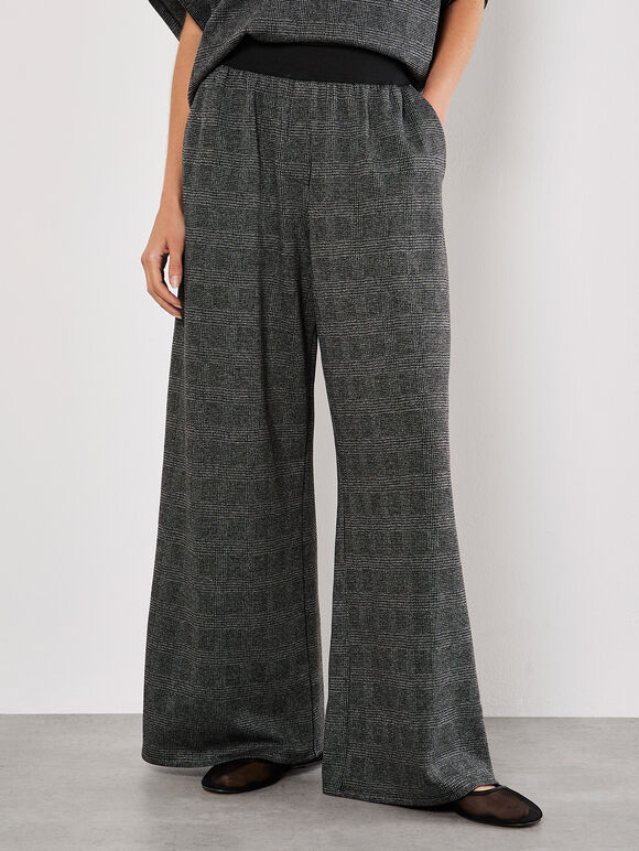 Check Print Wide Leg Trousers, Grey, large