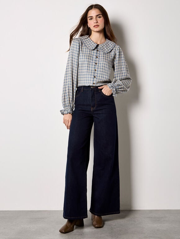 Chenille Check Ruffle Collar Shirt, Blue, large