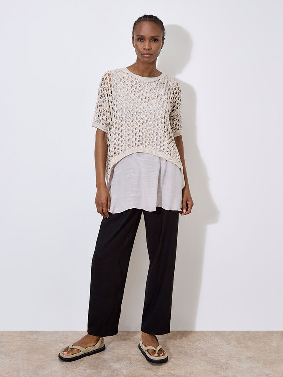 Knitted Mesh Layered Tunic Top, Stone, large