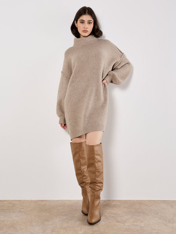 Oversized Fluffy Knit Jumper Mini Dress, Stone, large