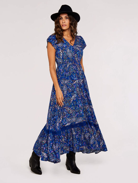 Painterly Paisley Maxi Dress, Blue, large