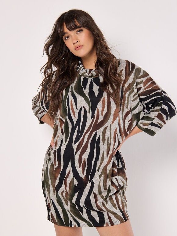 Zebra Soft Touch Cocoon Mini Dress, Rust, large