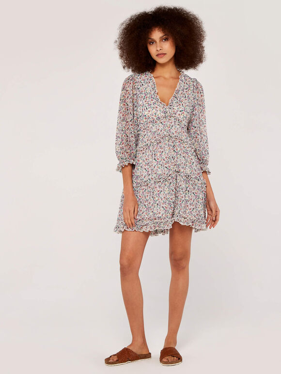Floral Ruffle Tiered Dress, Cream, large