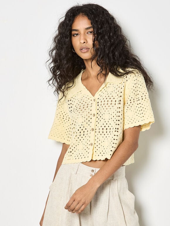 Floral Cotton Crochet Cardigan, Yellow, large