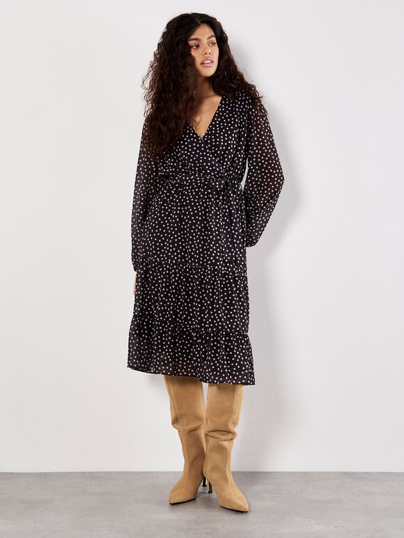 Polka Dot Chiffon Wrap Midi Dress, Black, large
