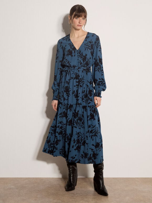 Floral Crepe Midi Dress, Teal, large