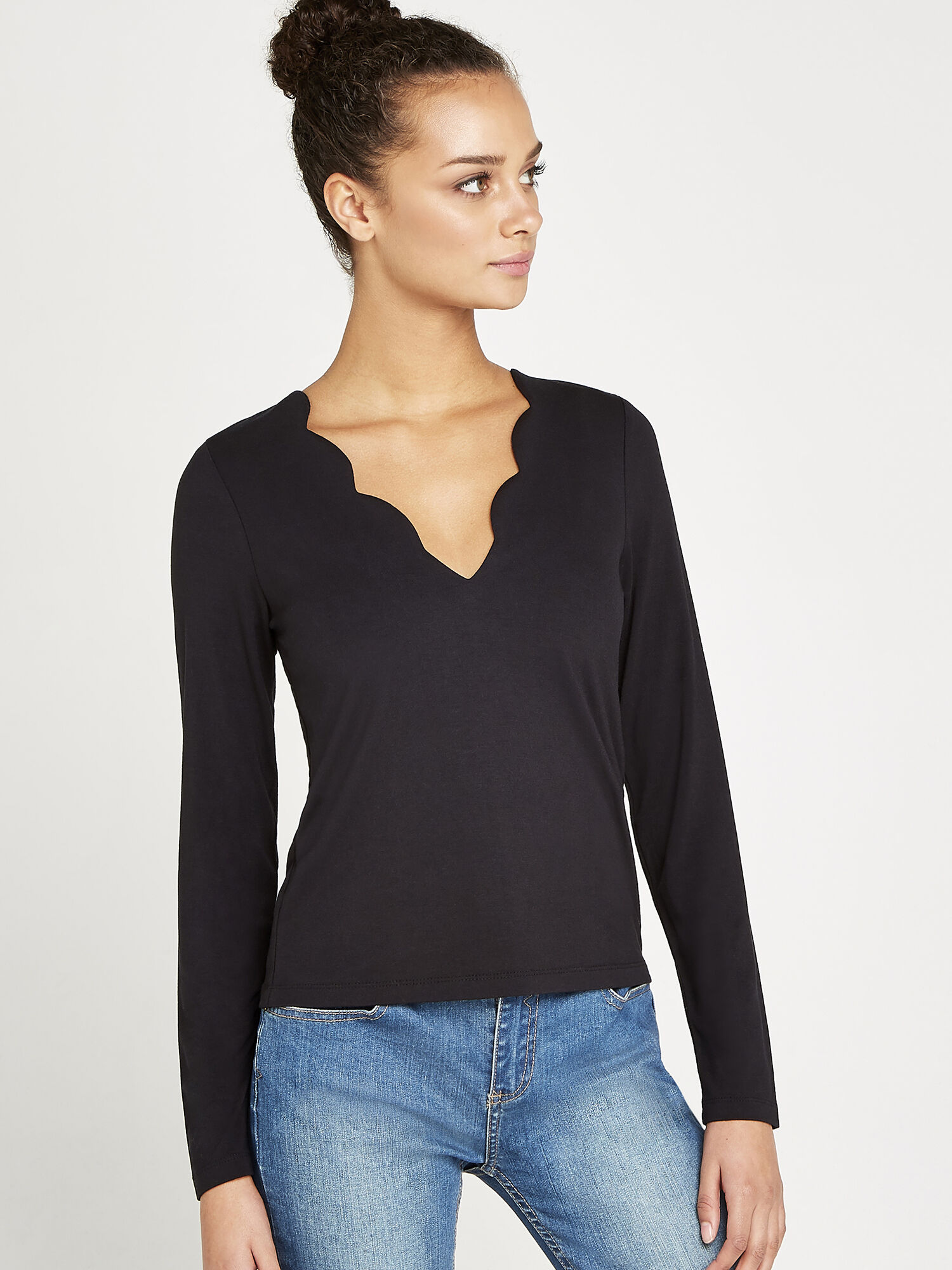Scalloped Neck Long Sleeve Top Apricot Clothing