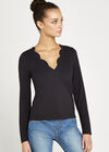 Scalloped Neck Long Sleeve Top, Black, large