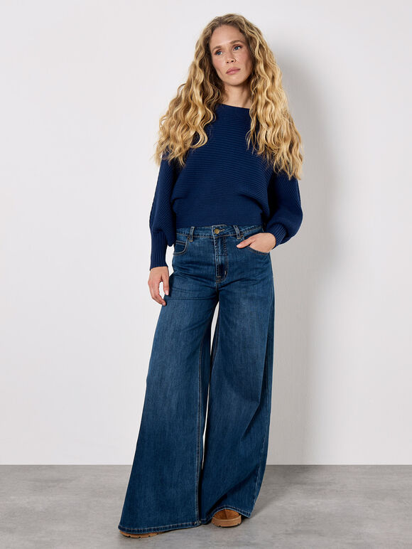 Batwing Ribbed Knit Crop Jumper, Blue, large