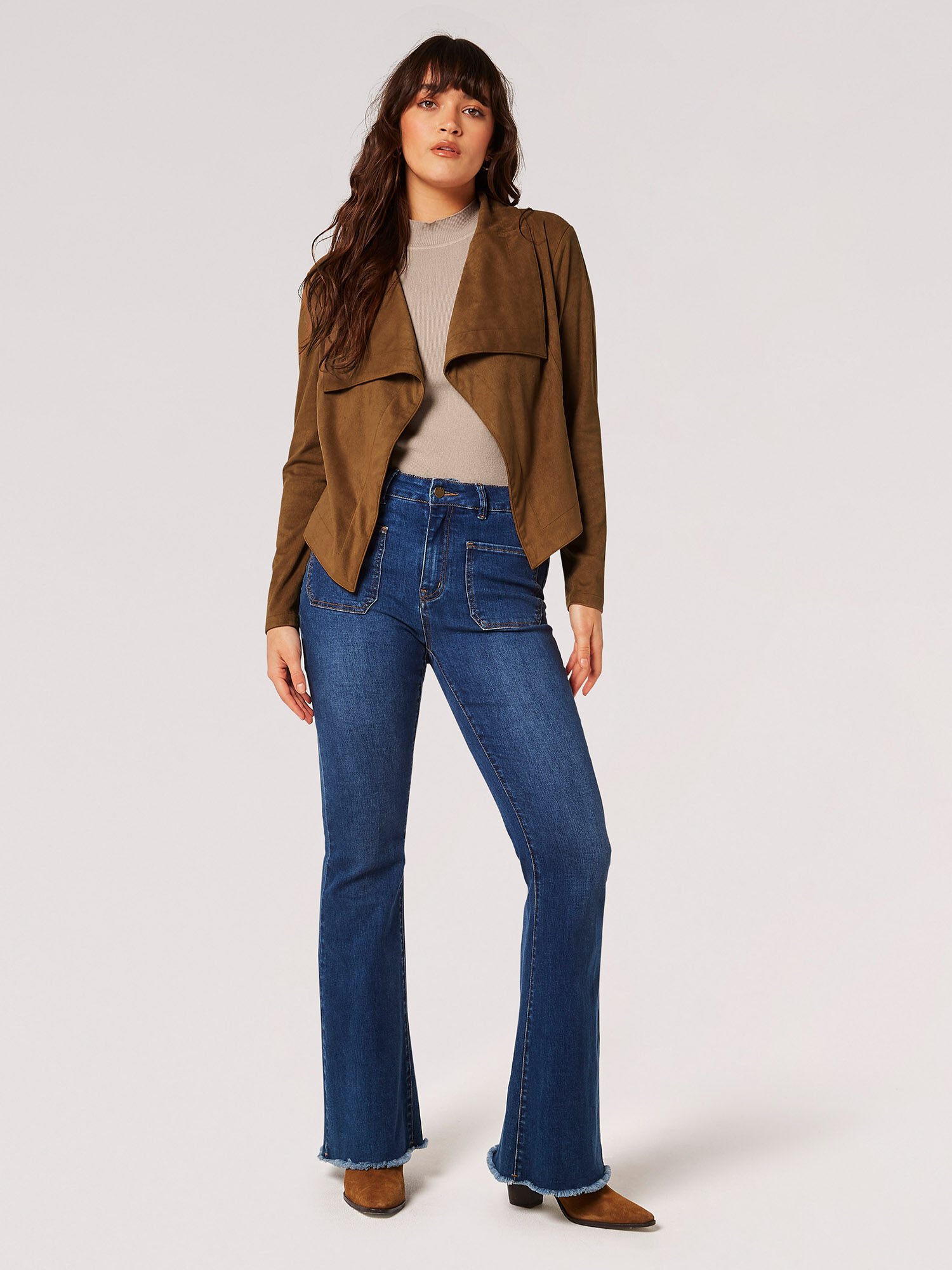 Cropped Suede Waterfall Jacket Apricot Clothing