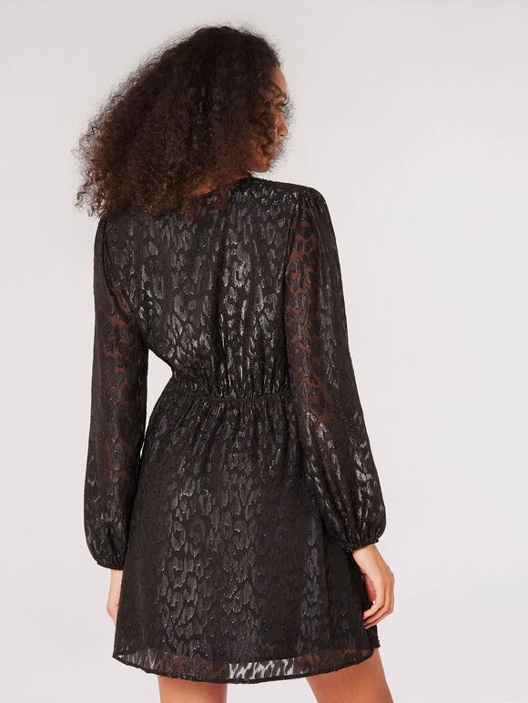 Metallic Animal Chiffon Mini Dress, Black, large