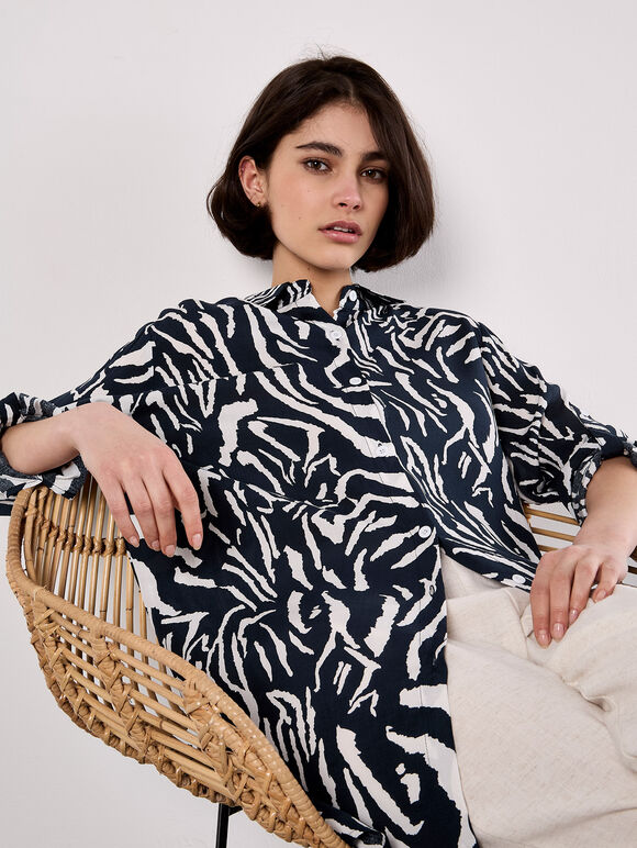Zebra Print Oversized Shirt, Navy, large