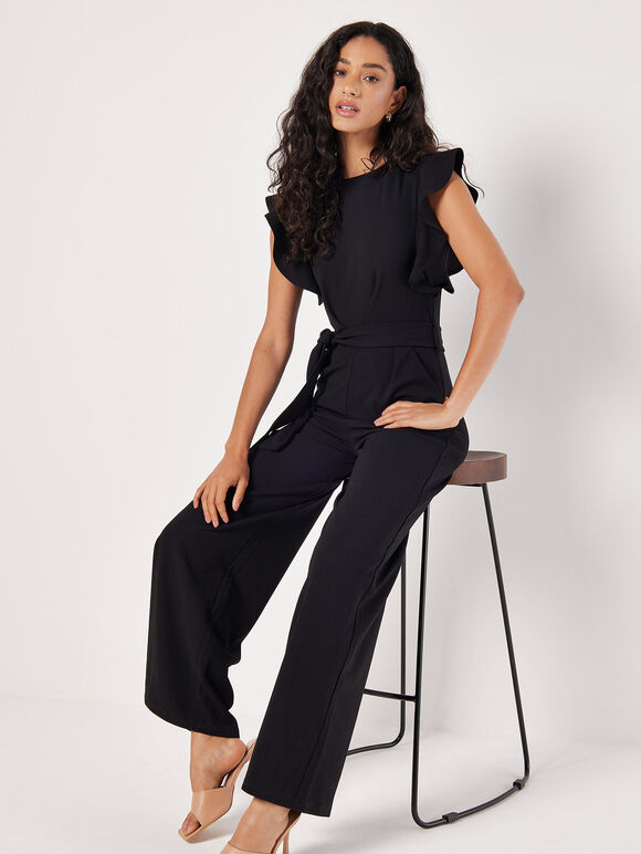 Ruffle Sleeve Jersey Jumpsuit, Black, large