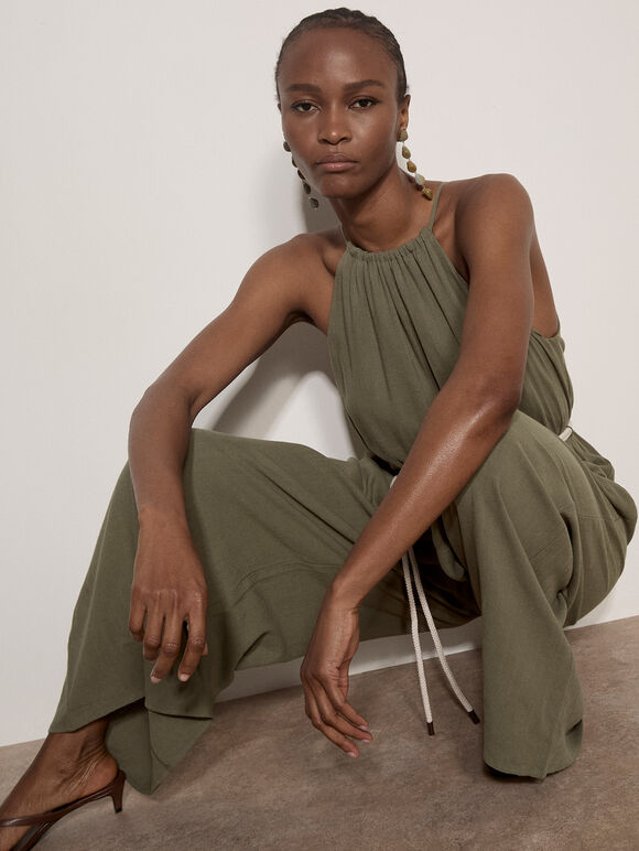 Cotton Blend Wide-Leg Jumpsuit, Khaki, large