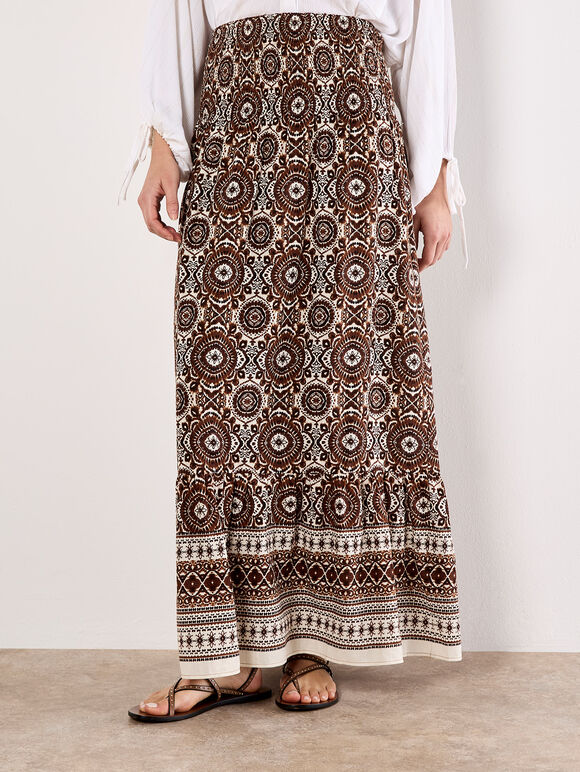 Batik Print Smocked Maxi Skirt, Brown, large