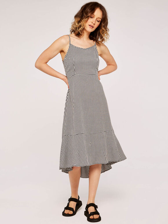 Gingham Flounce Dress, Black, large