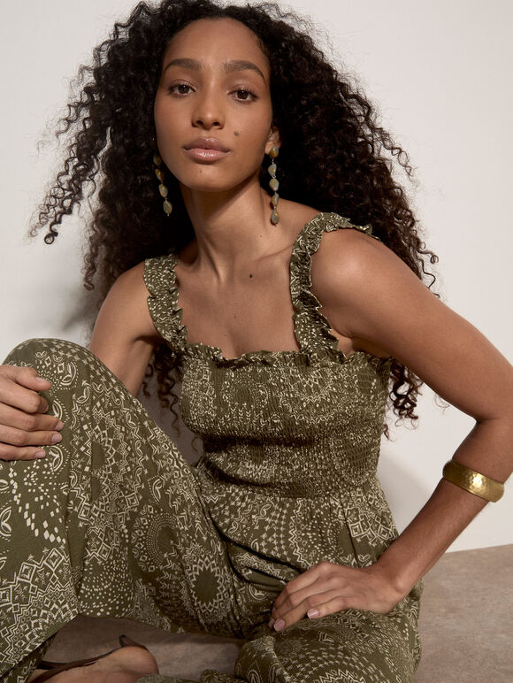 Kaleidoscope Shirred Wide-Leg Jumpsuit, Khaki, large