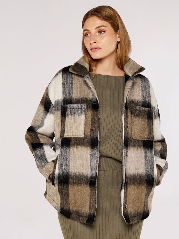 Soft Check Shacket, Stone, large