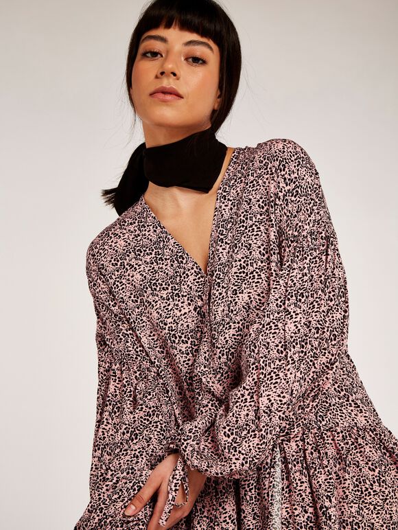 Leopard Drawstring Wrap Dress, Pink, large