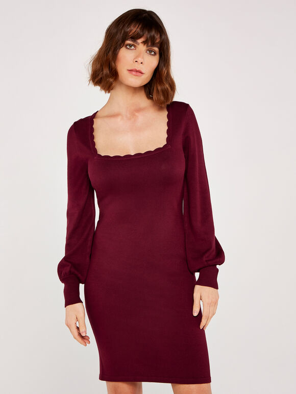 Scallop Neck Knit Dress, Burgundy, large