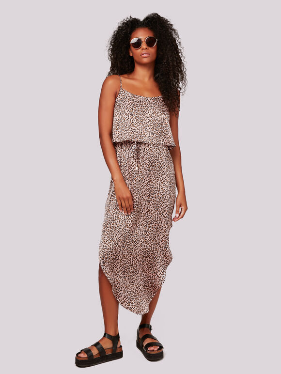 Leopard Midi Satin Crepe Dress, Pink, large