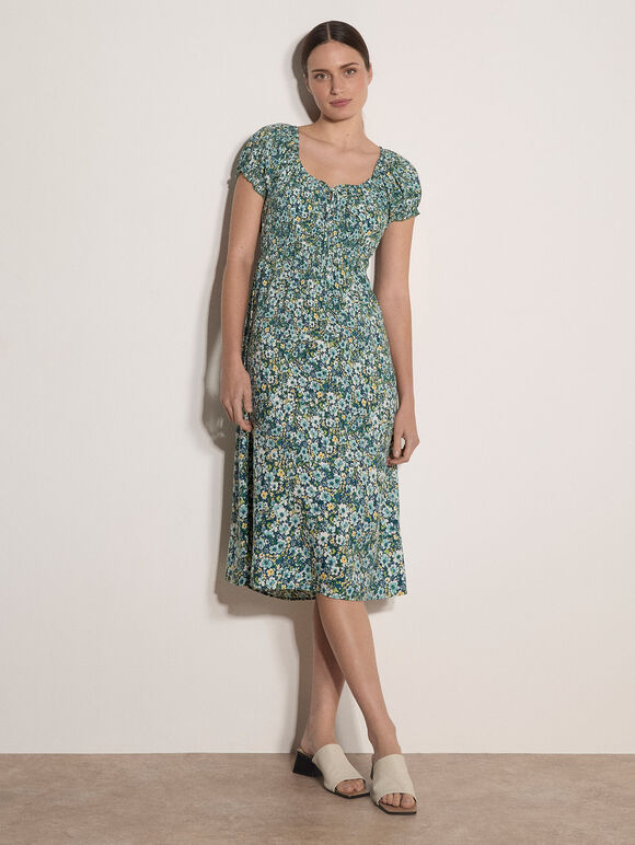 Watercolour Floral Milkmaid Midi Dress, Aqua - Turquoise, large