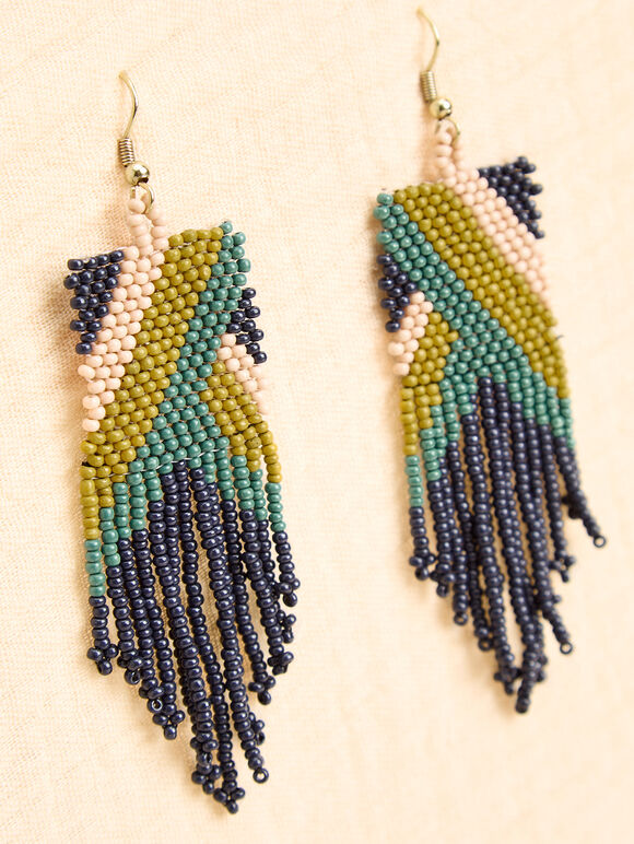 Beaded Fringe Hook Earrings, Blue, large