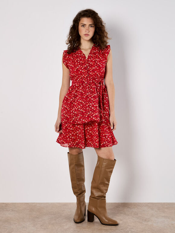 Ditsy Floral Chiffon Mini Dress, Red, large