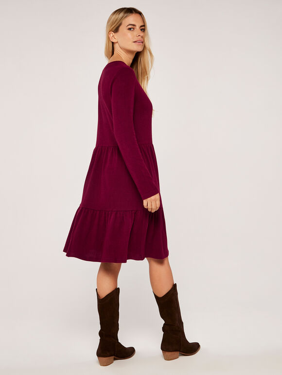 Tiered Long Sleeve Dress, Burgundy, large