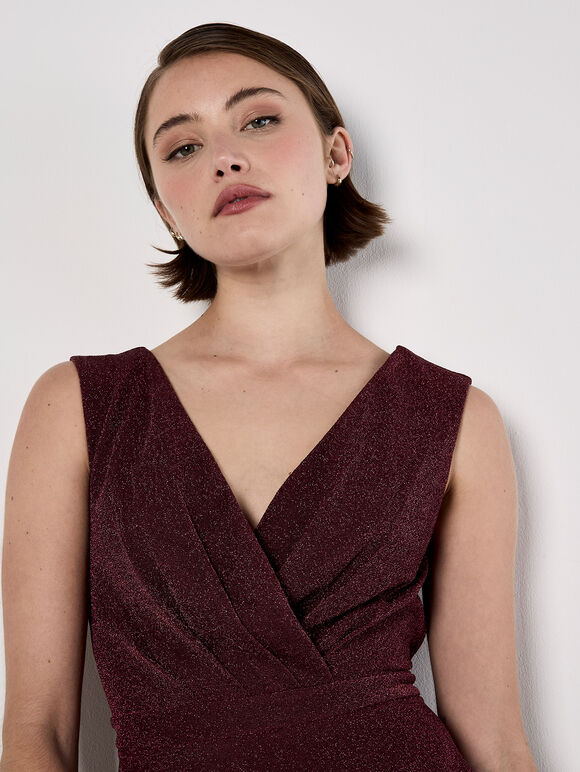 Metallic Pleat Skater Mini Dress, Burgundy, large