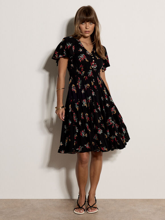 Botanical Floral Smocked Midi Dress, Black, large
