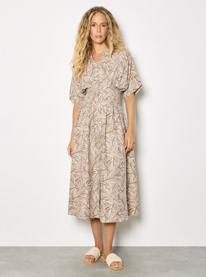 Leaf Print Shirt Midi Dress