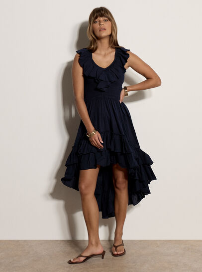 Cotton High-Low Ruffle Midi Dress