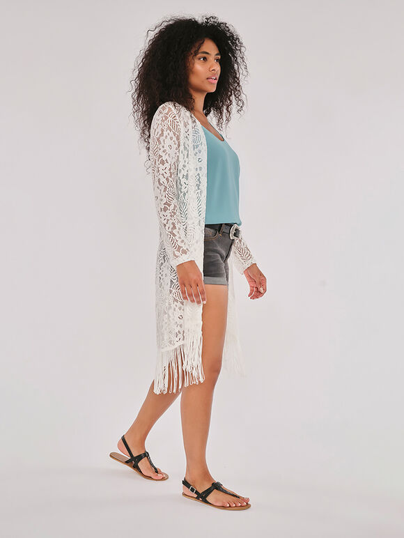 Lace Fringed Long Sleeve Cover Up, Cream, large