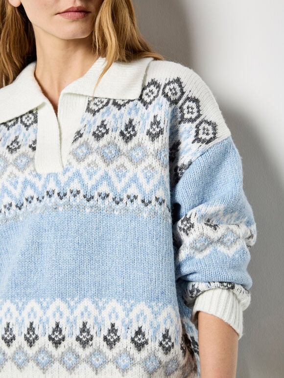 Open Collar Fair Isle Jumper, Blue, large