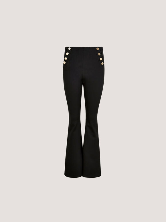 Button Detail Stretch Flare Trousers, Black, large