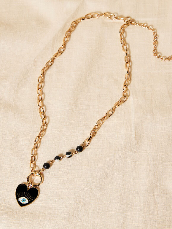 Gold Heart Eye Necklace, Black, large