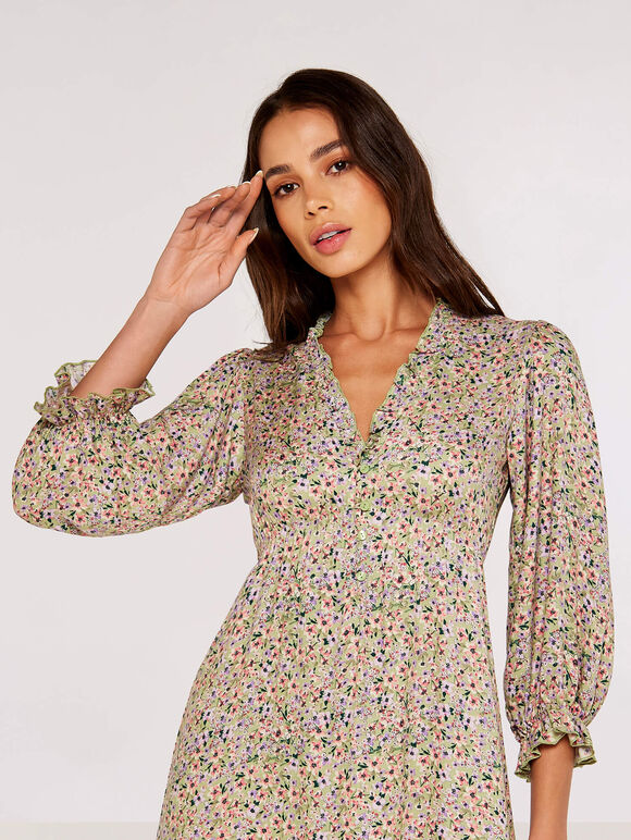 Ditsy Puff Sleeve Mini Dress, Mint, large