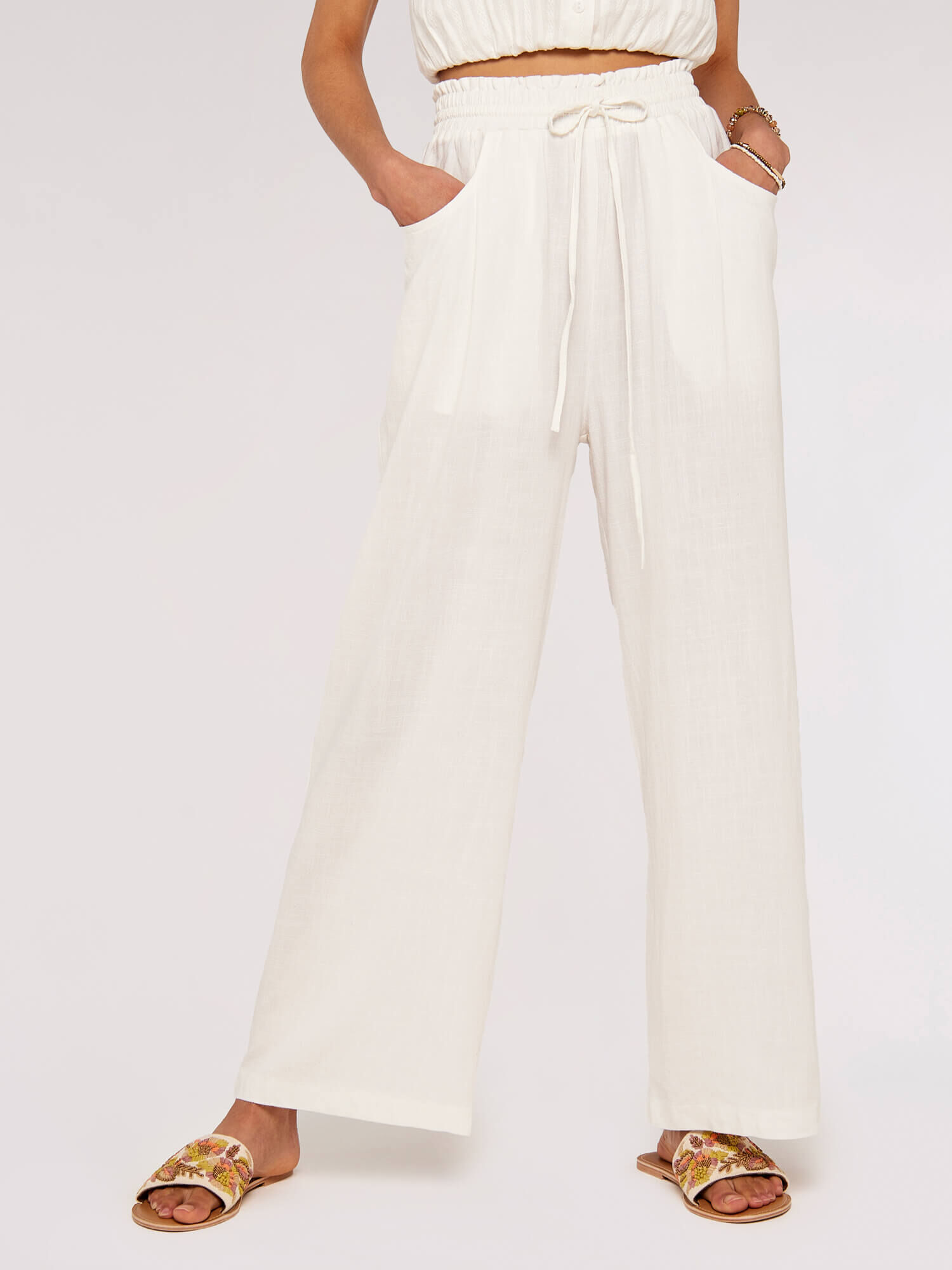 White linen flowy sales pants