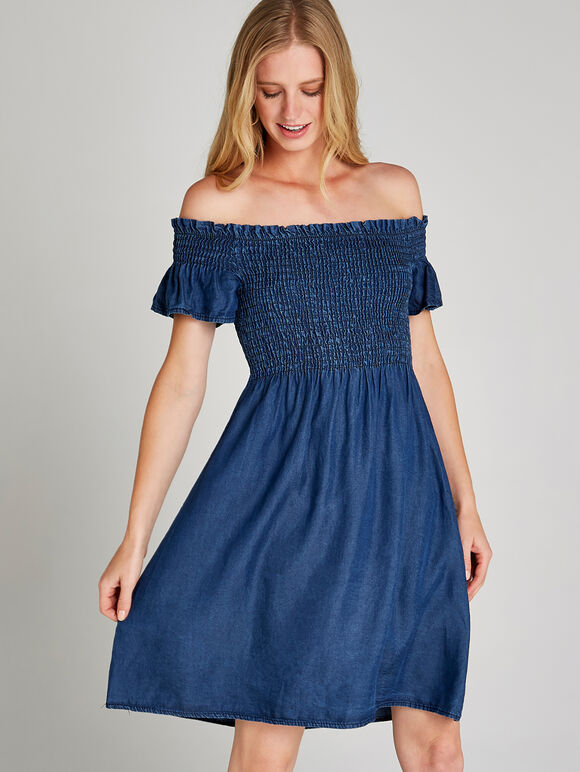 Blue Bardot Denim Look Dress, Blue, large