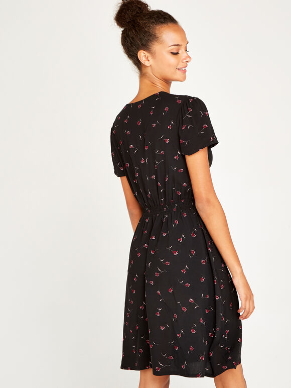 Black Vintage Ditsy Empire Dress, Black, large