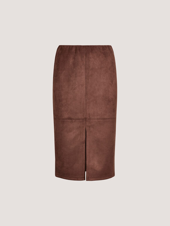 Split Front Suede Pencil Skirt, Brown, large