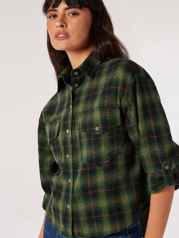 Check Print Cropped Shirt, Black, large